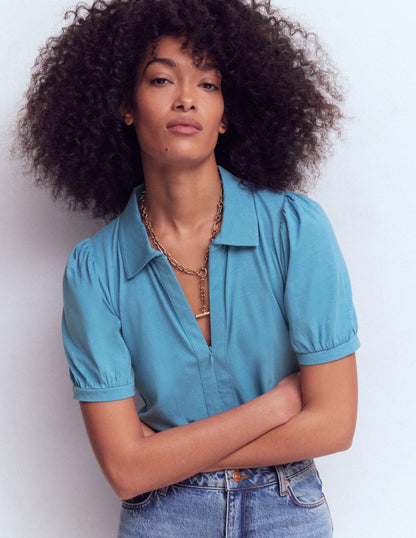 Short Sleeve Zip Collar Top-Silver Lake-4