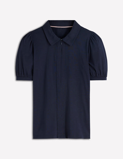 Short Sleeve Zip Collar Top-Navy-6