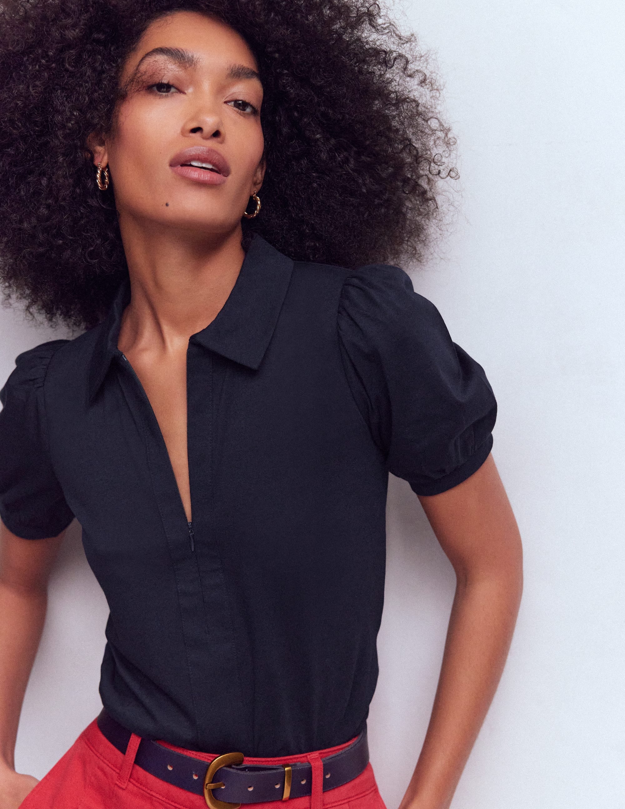 Short Sleeve Zip Collar Top-Navy - Image 1