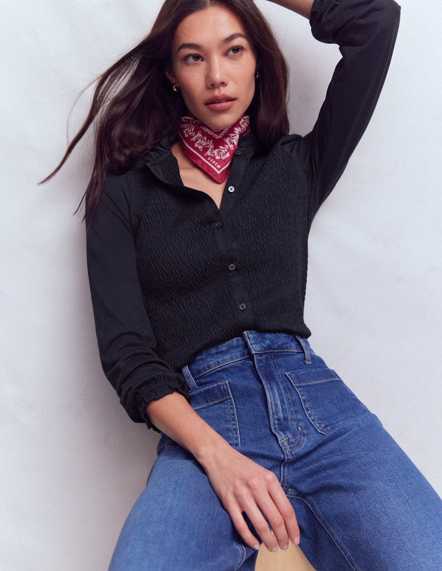 Supersoft Smocked button top-Navy