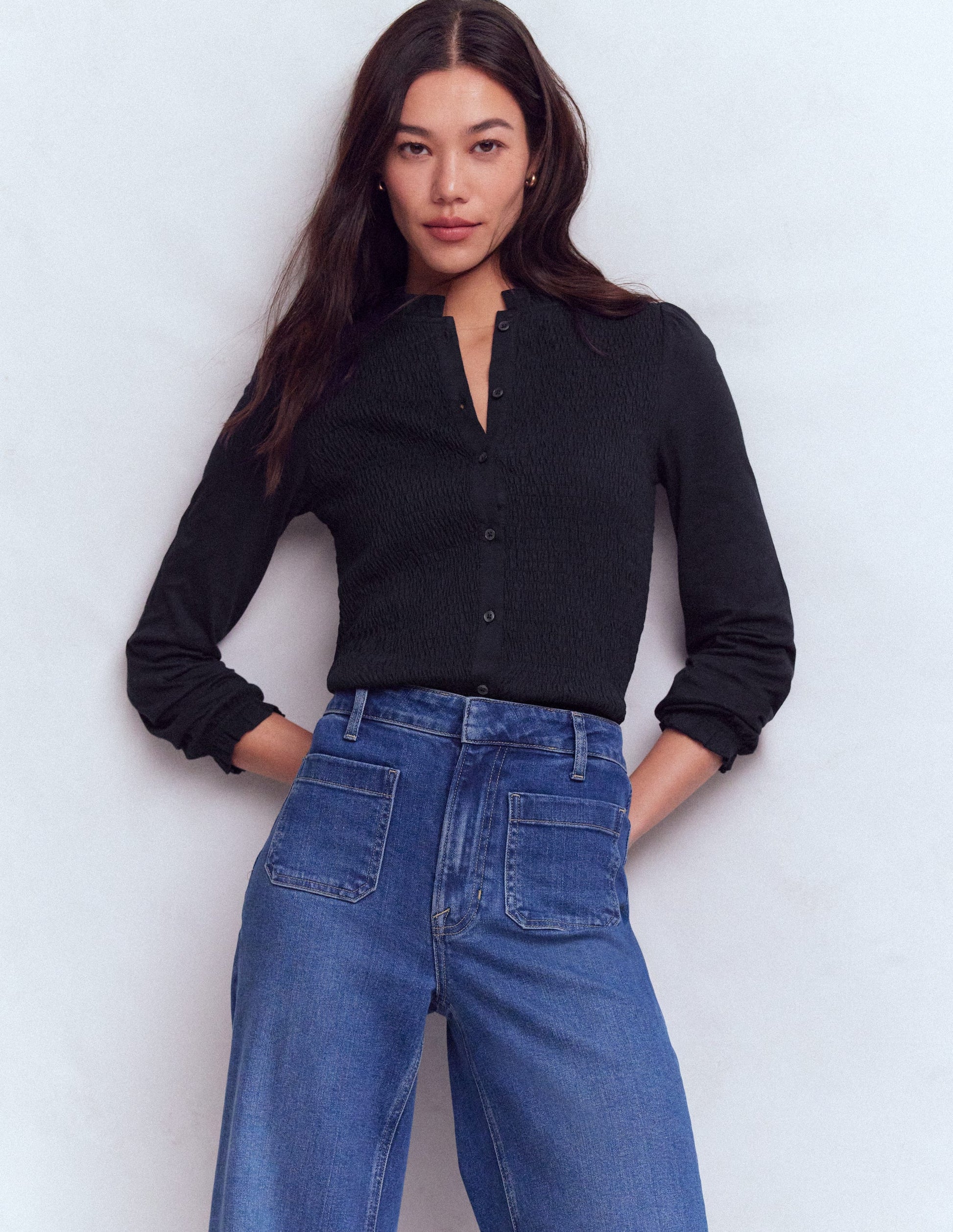 Supersoft Smocked button top-Navy-4