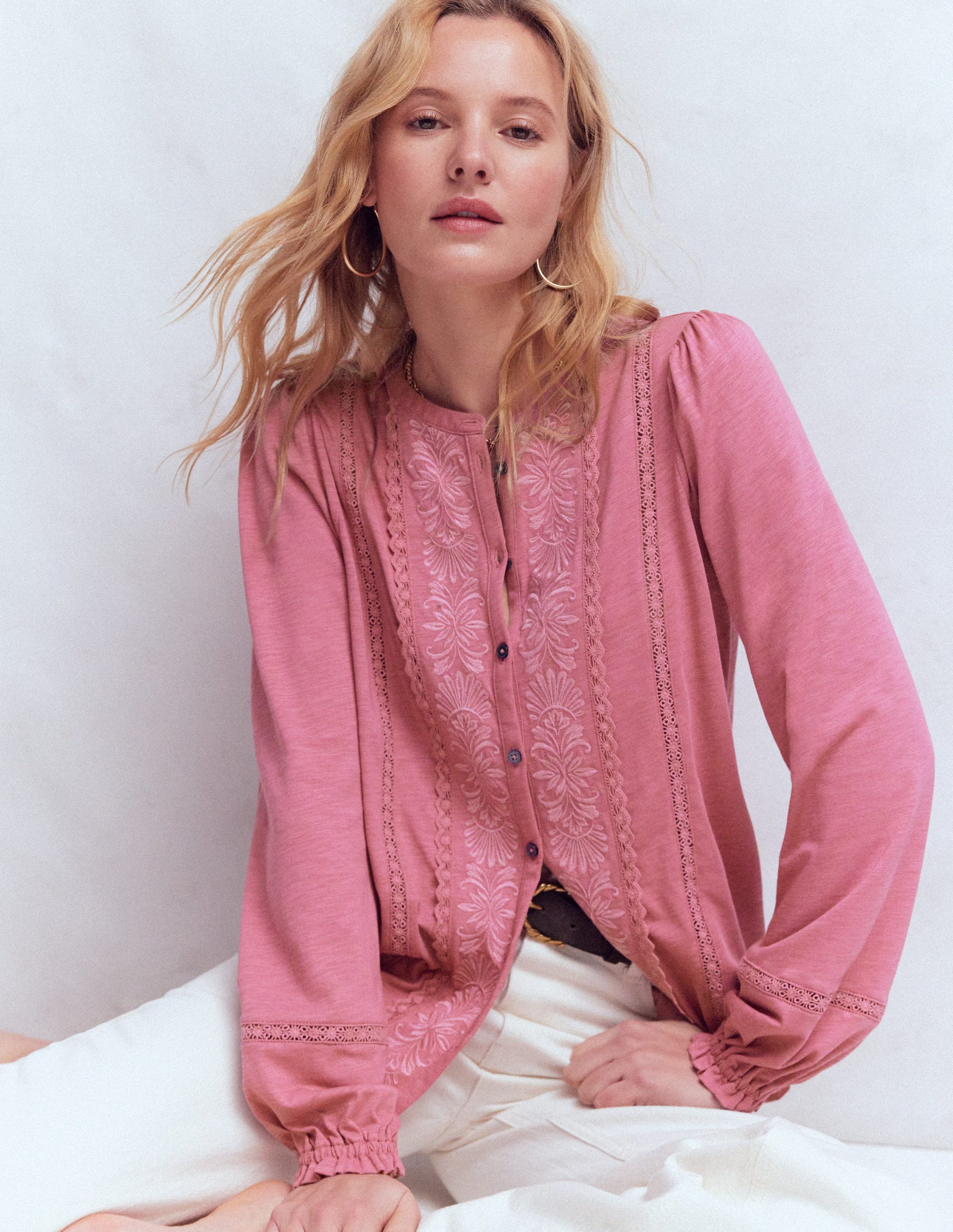 Embroidered Jersey Shirt-Pink Heather-1