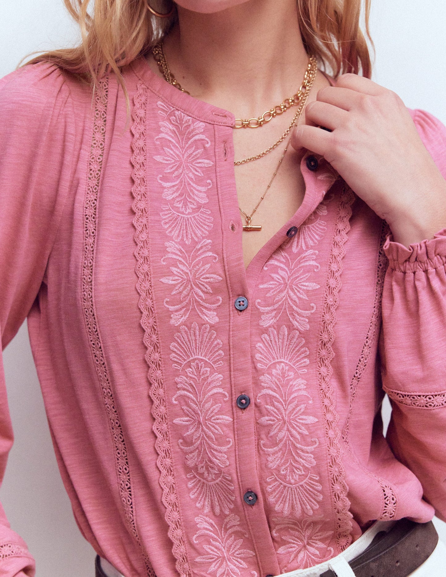 Embroidered Jersey Shirt-Pink Heather