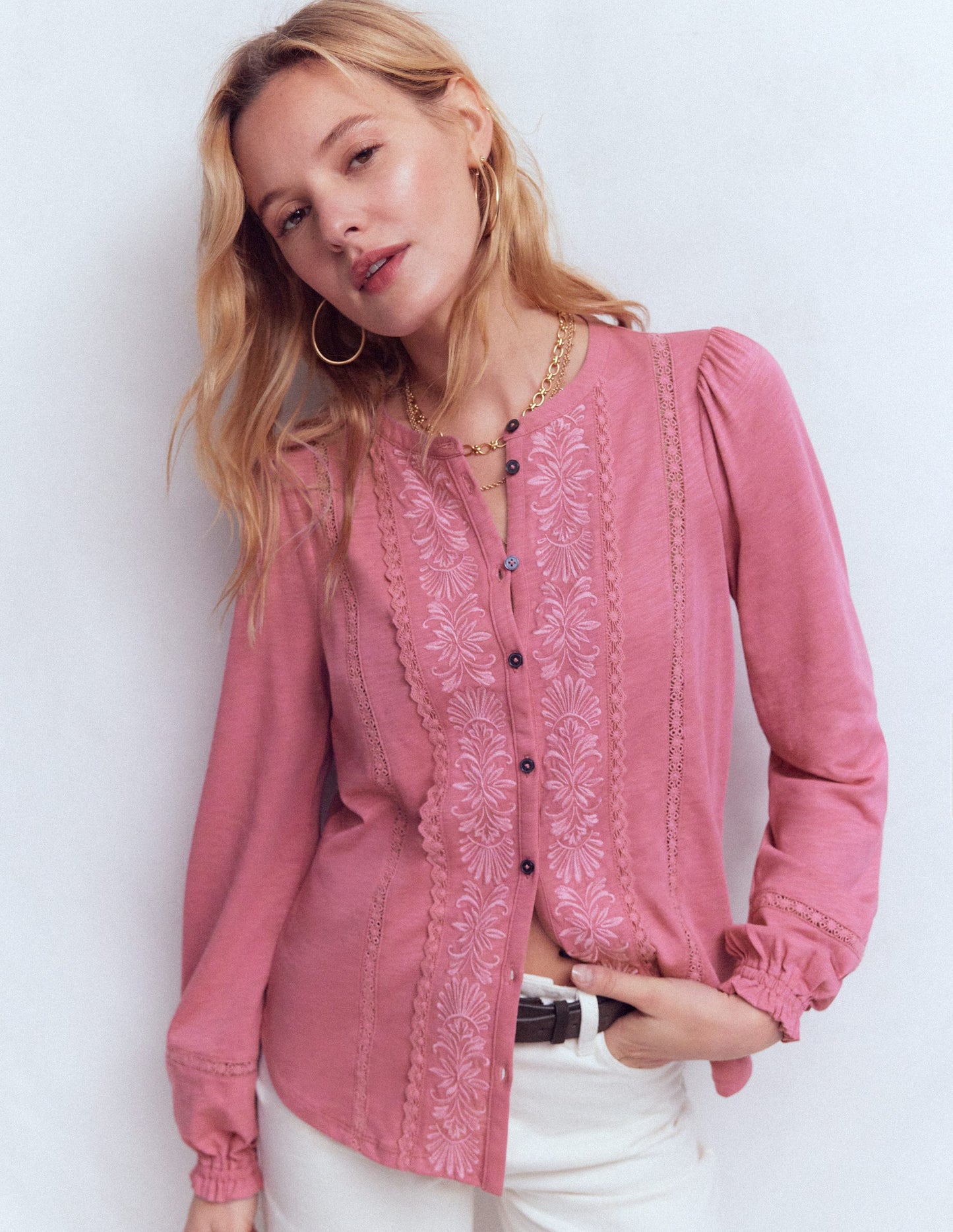 Embroidered Jersey Shirt-Pink Heather