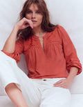 Woven-Mix Notch Neck Top-Baked Apple