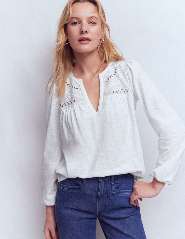 Woven-Mix Notch Neck Top-White