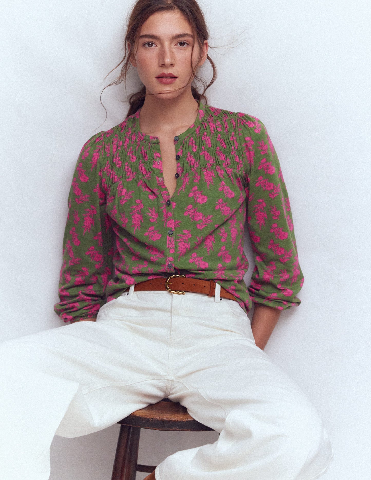 Mya Smocked Jersey Shirt-Mayfly, Blossomy Sprig