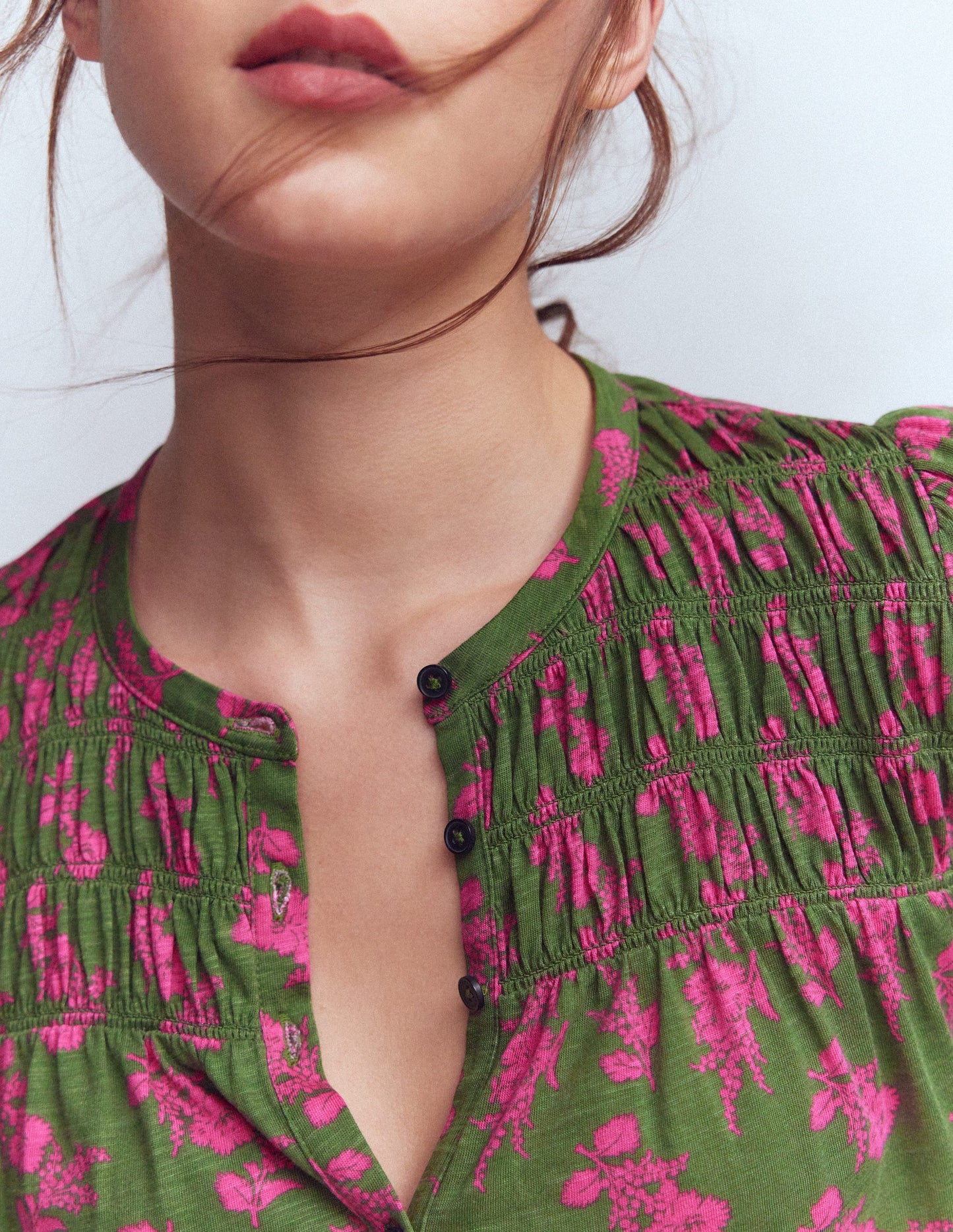 Mya Smocked Jersey Shirt-Mayfly, Blossomy Sprig