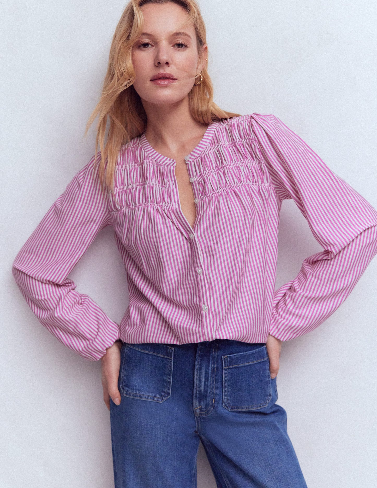 Mya Smocked Jersey Shirt-Clover Purple and Ivory Stripe