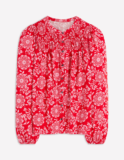 Mya Smocked Jersey Shirt-Salsa, Decorative Blossom-5