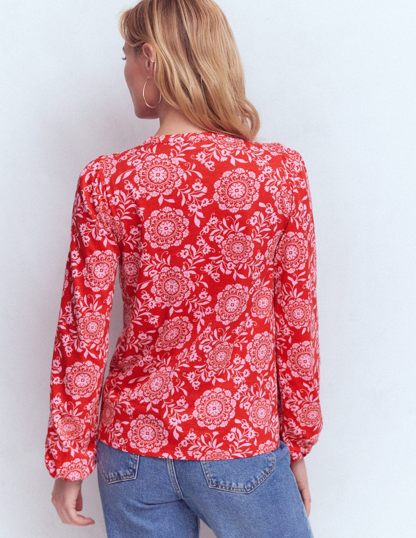 Mya Smocked Jersey Shirt-Salsa, Decorative Blossom