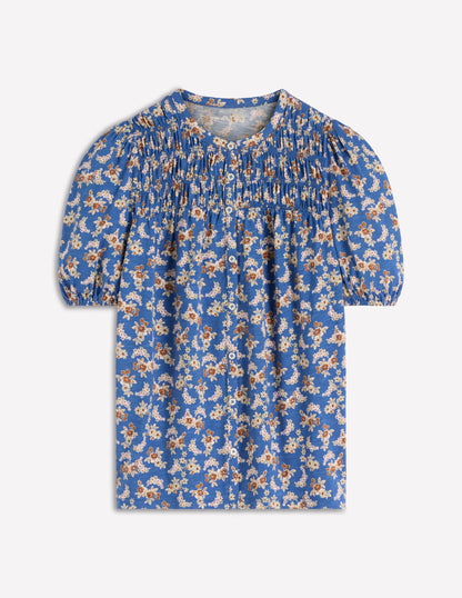 Mya Short Sleeve Smocked Shirt-True Navy, Dainty Blooms-6