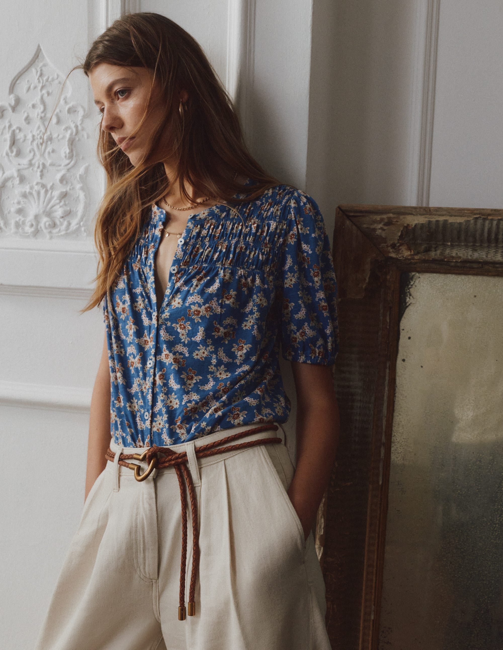 Mya Short Sleeve Smocked Shirt-True Navy, Dainty Blooms - Image 5