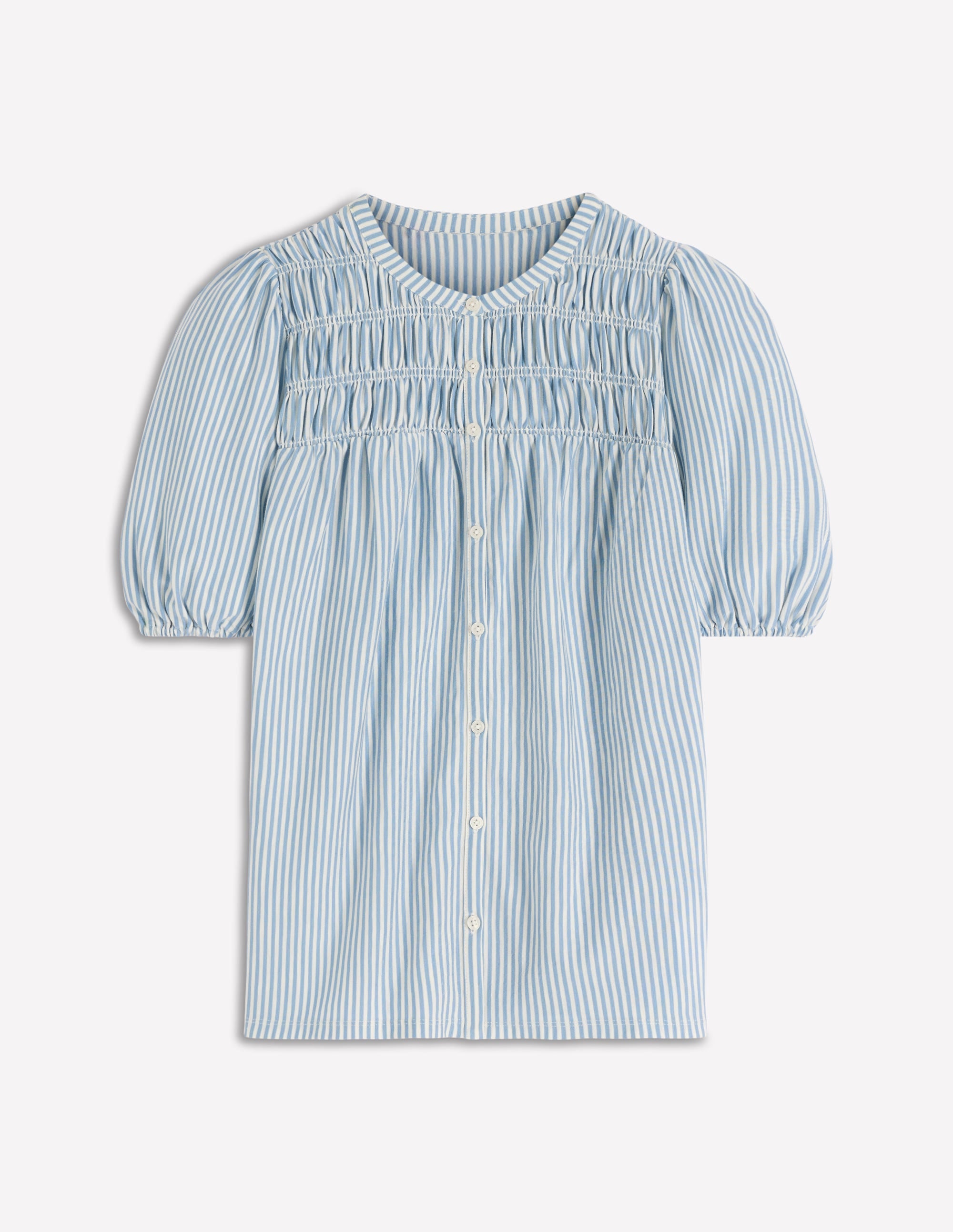 Mya Short Sleeve Smocked Shirt-French Blue and Ivory Stripe - Image 5