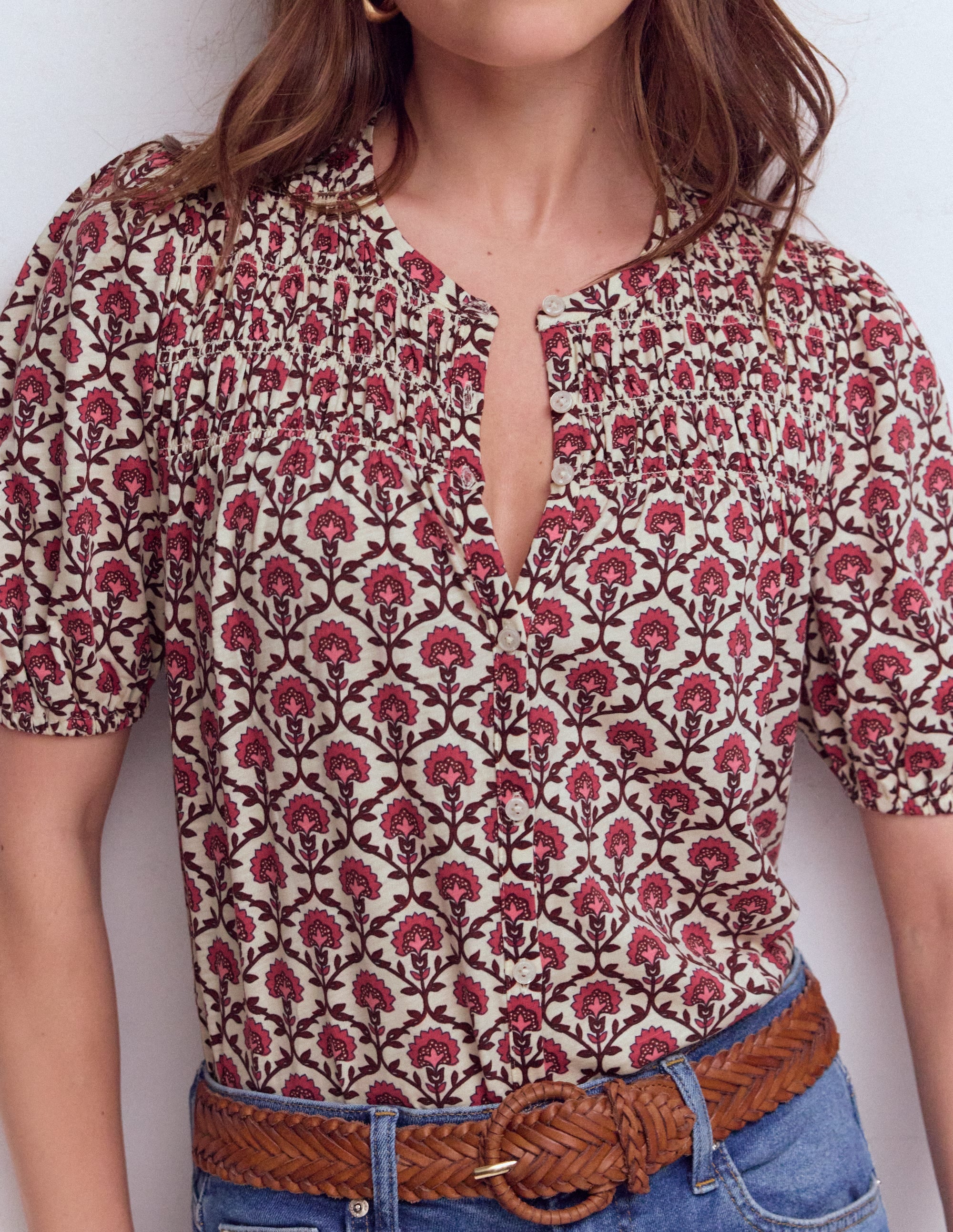 Mya Short Sleeve Smocked Shirt-Strawberry Pink,Flower Lattice - Image 2