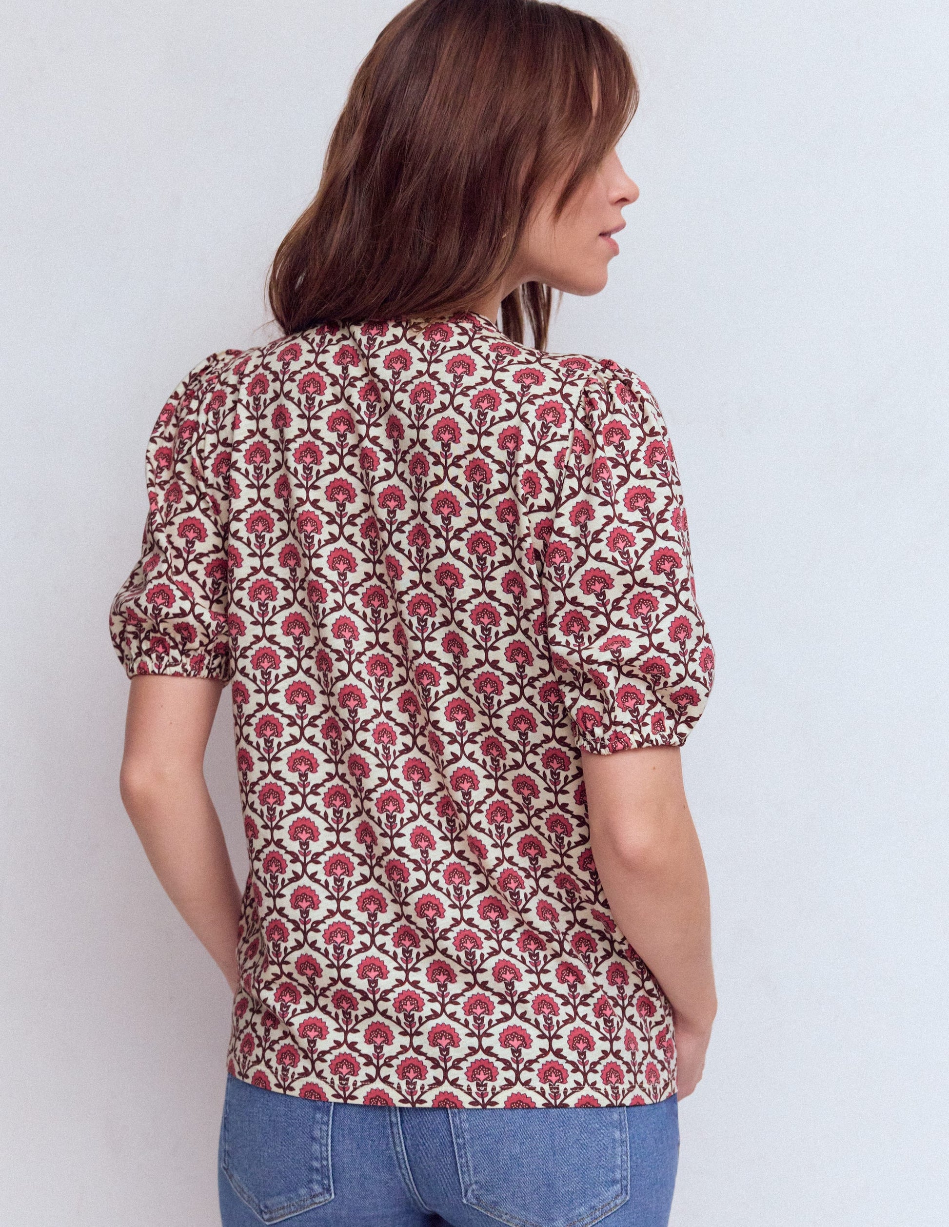 Mya Short Sleeve Smocked Shirt-Strawberry Pink,Flower Lattice-3