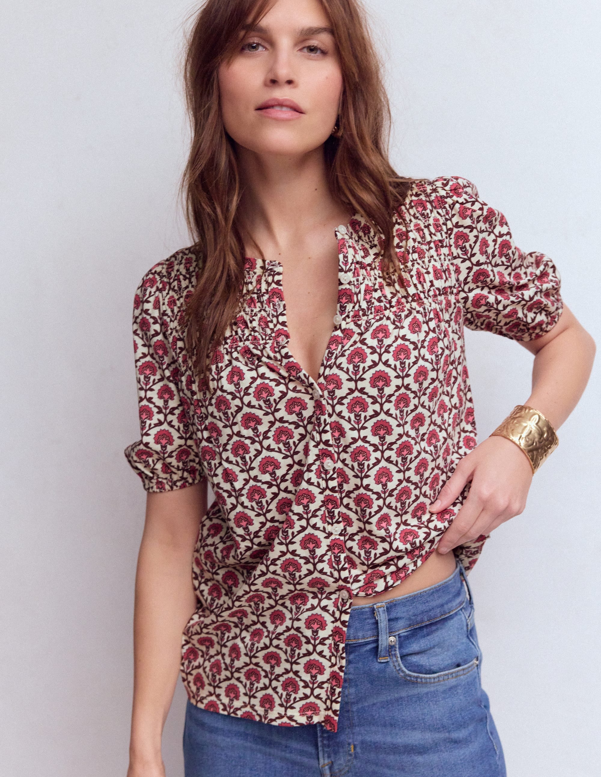 Mya Short Sleeve Smocked Shirt-Strawberry Pink,Flower Lattice - Image 4