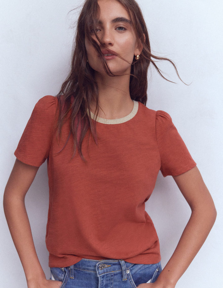 Metallic Trim T-Shirt-Roasted Chestnut Brown