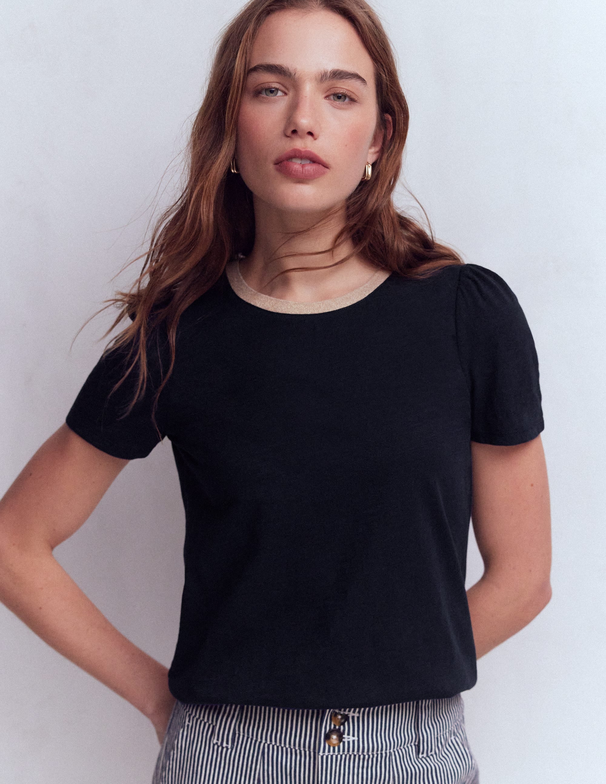 Metallic Trim T-Shirt-Navy - Image 1
