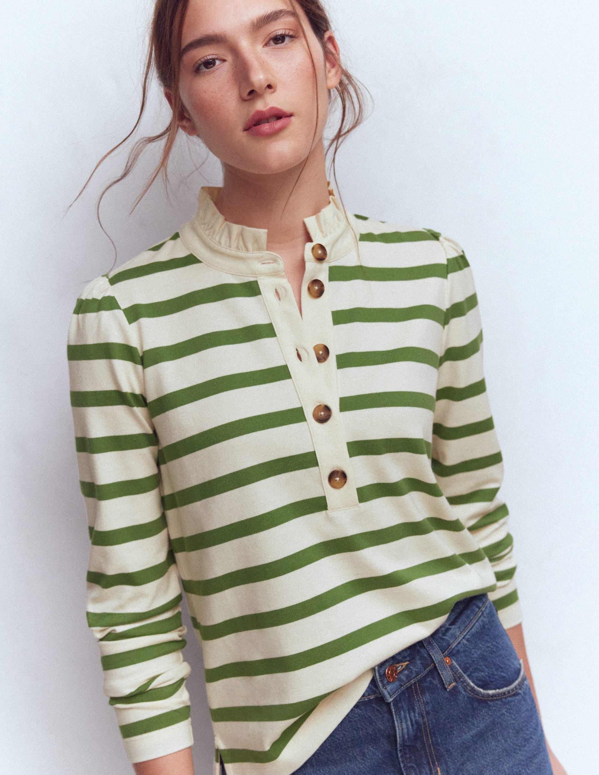 Ruffle Collar Mariner-Ivory and Safari Green Stripe - Image 1
