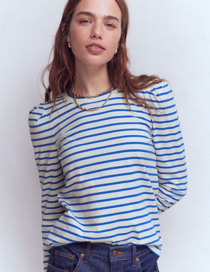 Pleat Sleeve Stripe Top-Beaucoup Blue and Ivory Stripe-4