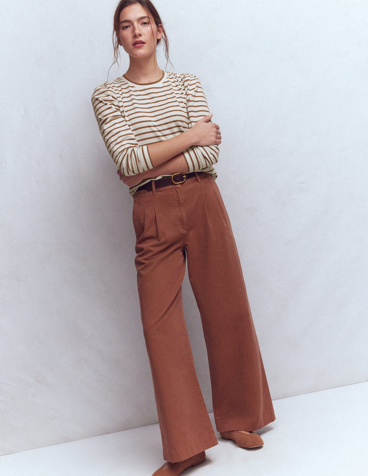 Pleat Sleeve Stripe Top-Ginger and Ivory Stripe