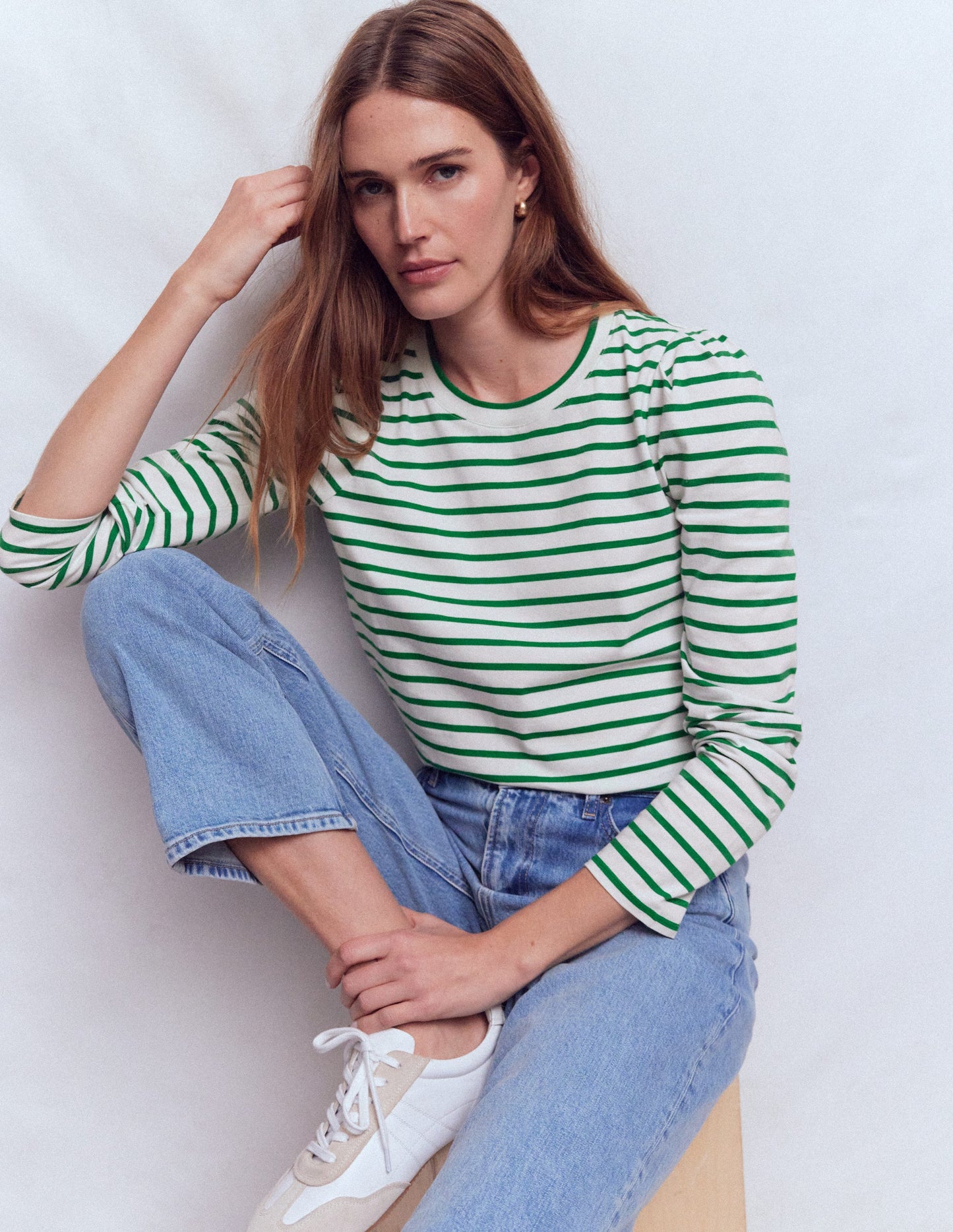 Pleat Sleeve Stripe Top-Jewel Green and Ivory Stripe