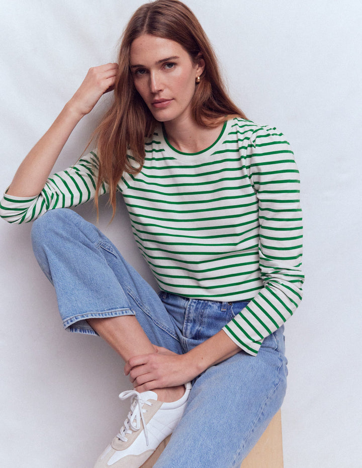 Pleat Sleeve Stripe Top-Jewel Green and Ivory Stripe