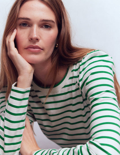 Pleat Sleeve Stripe Top-Jewel Green and Ivory Stripe-2