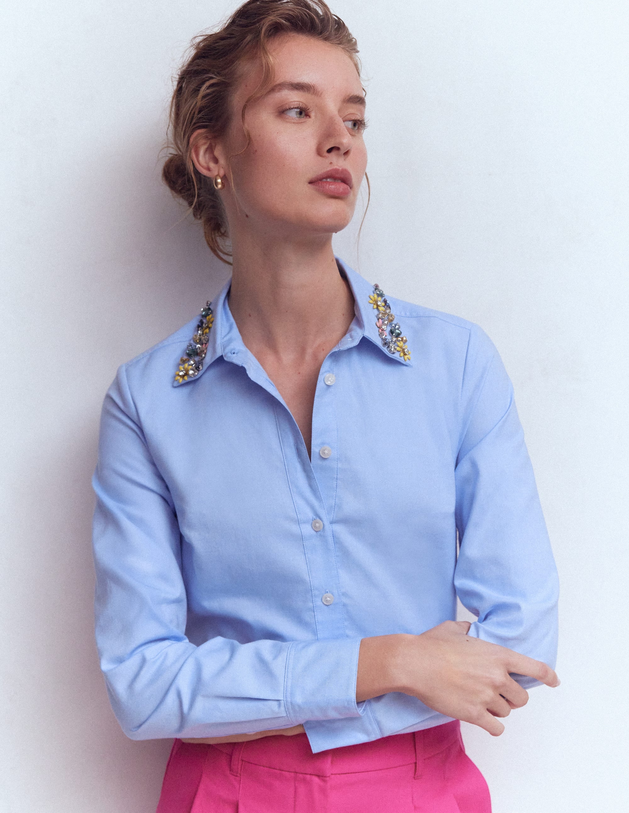 Sienna Trim Detail Shirt-blue Oxford, Jewel Collar - Image 1