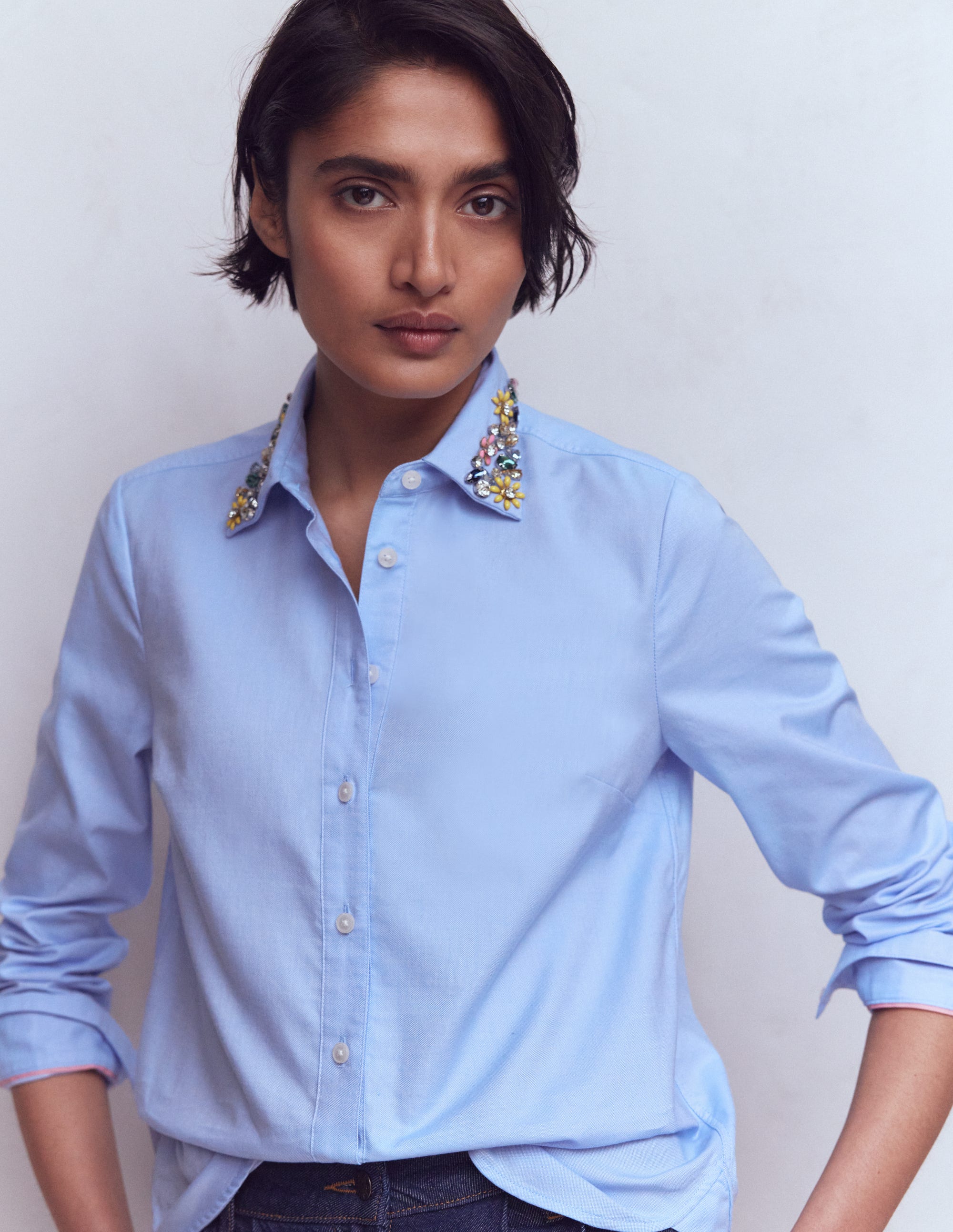 Sienna Trim Detail Shirt-blue Oxford, Jewel Collar - Image 5