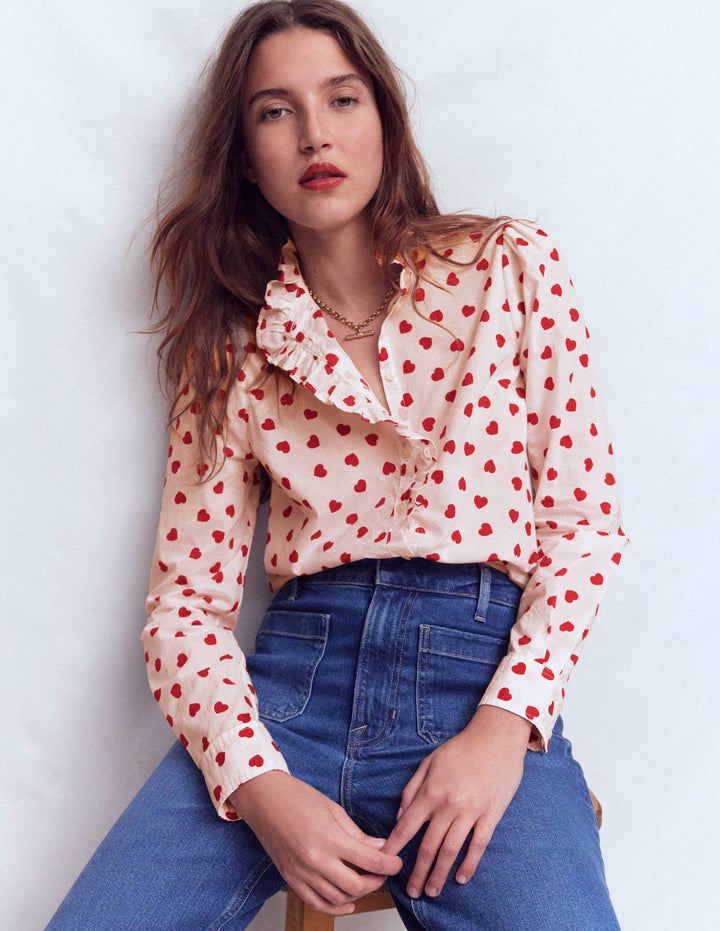 Isabel Ruffle Cotton Shirt-Ivory, Heart Confetti Mono