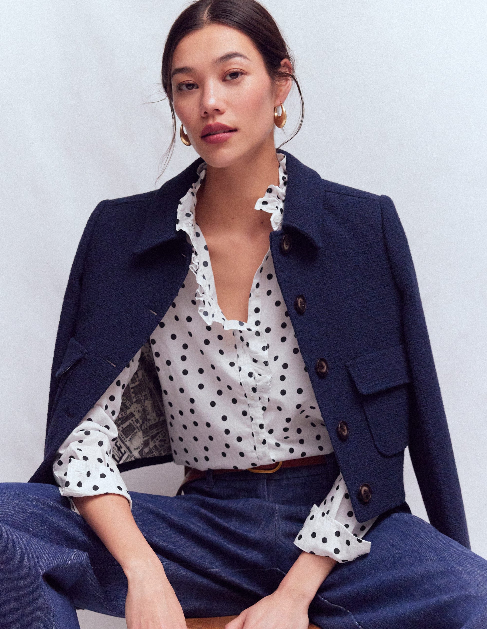 Isabel Ruffle Cotton Shirt-Navy and Ivory, Painted Dot-1