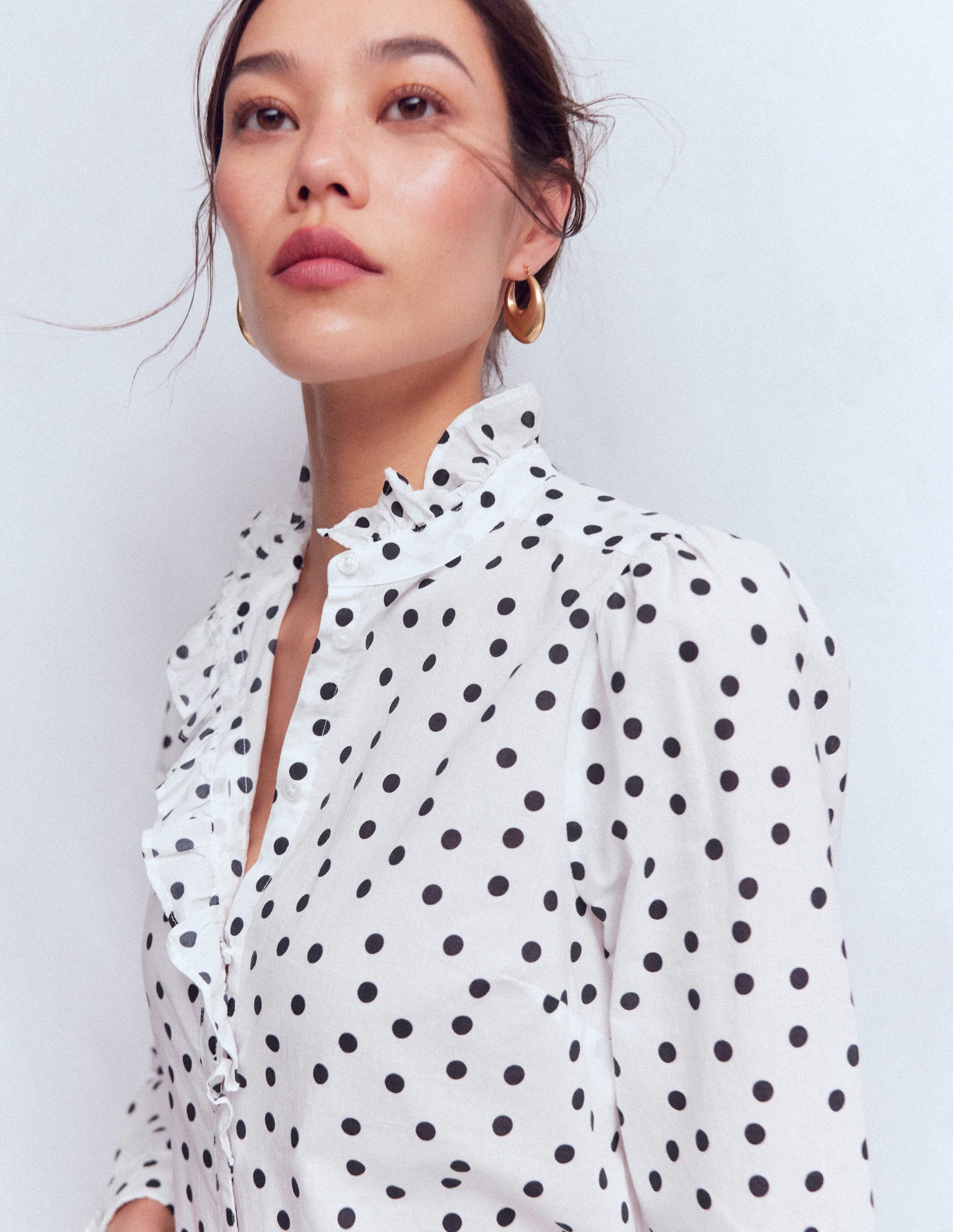 Isabel Ruffle Cotton Shirt-Navy and Ivory, Painted Dot-2