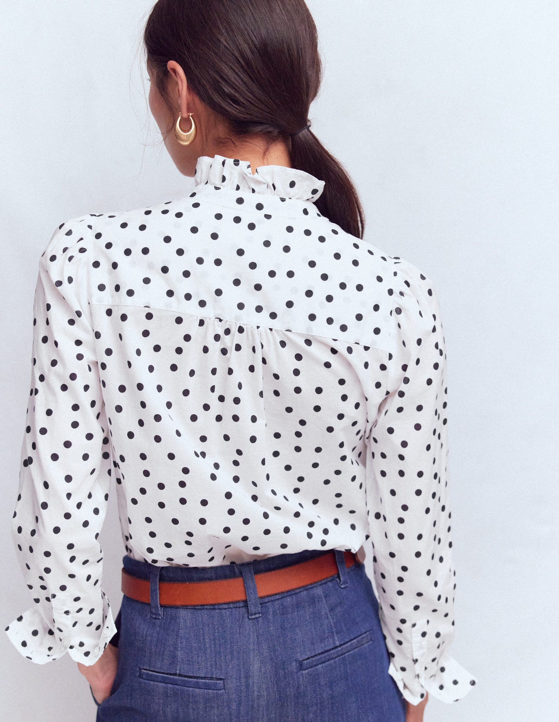 Isabel Ruffle Cotton Shirt-Navy and Ivory, Painted Dot-3