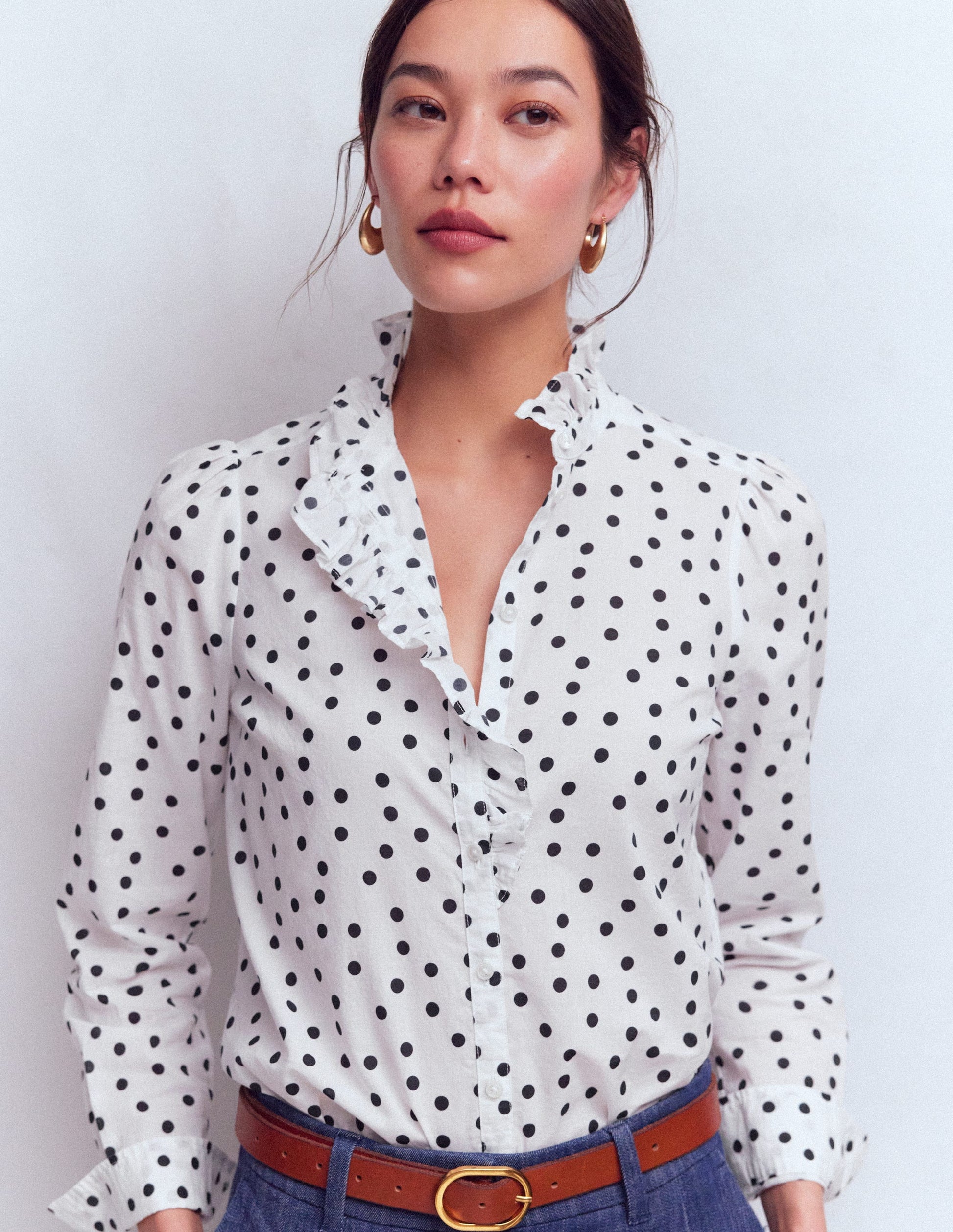 Isabel Ruffle Cotton Shirt-Navy and Ivory, Painted Dot-4