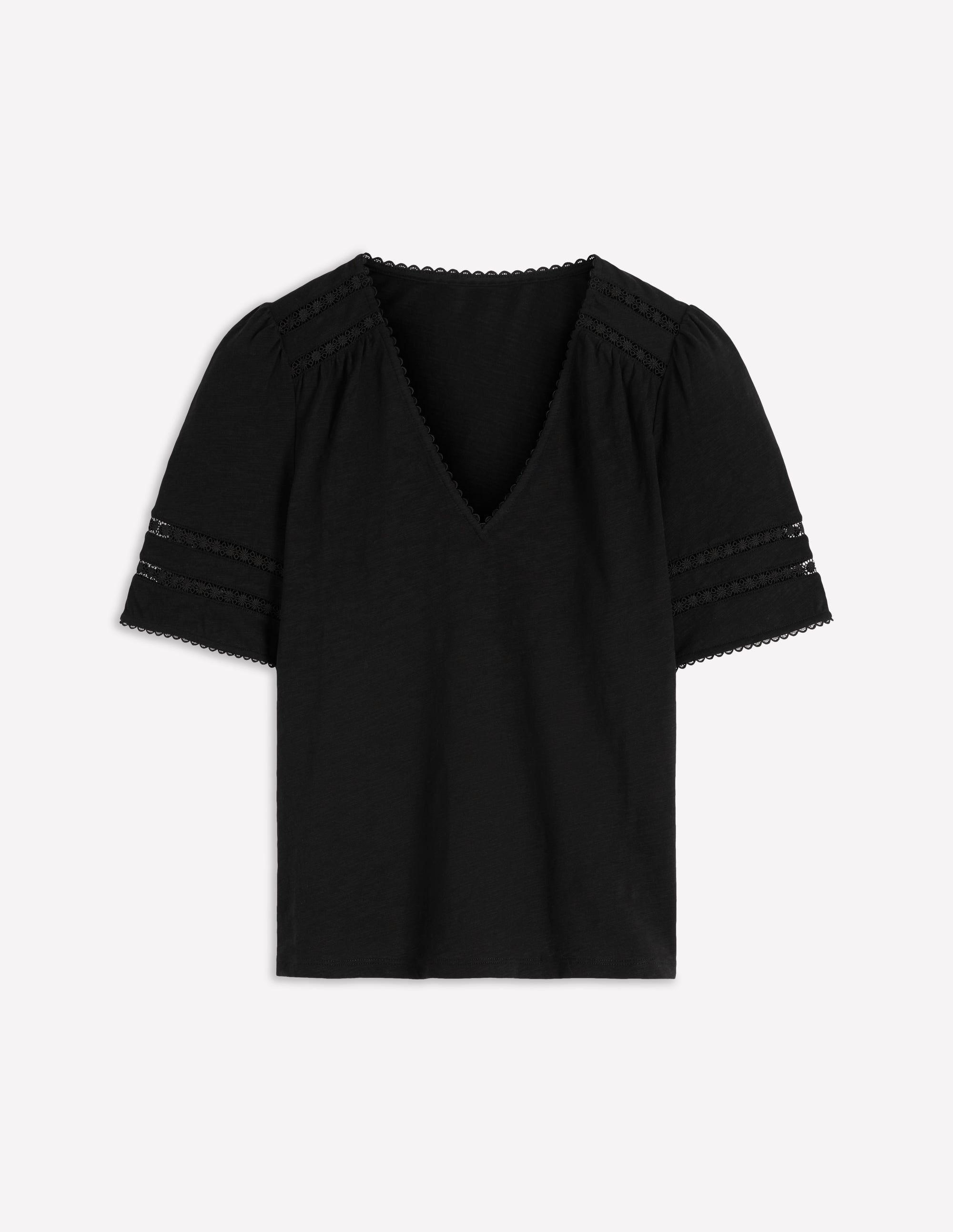 Poppy Trim V Neck T-Shirt-Black - Image 5