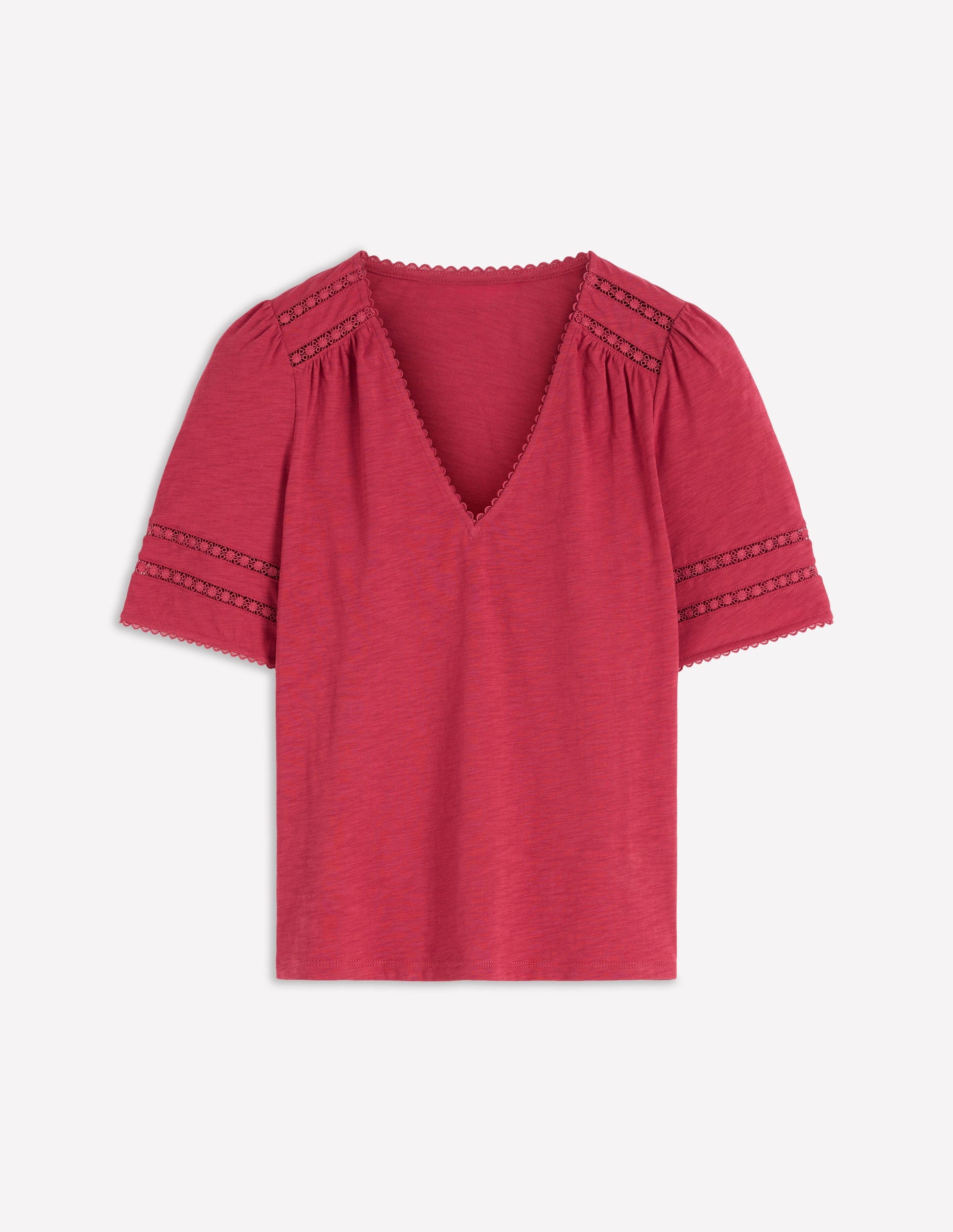 Poppy Trim V Neck T-Shirt-Terracotta Red-5