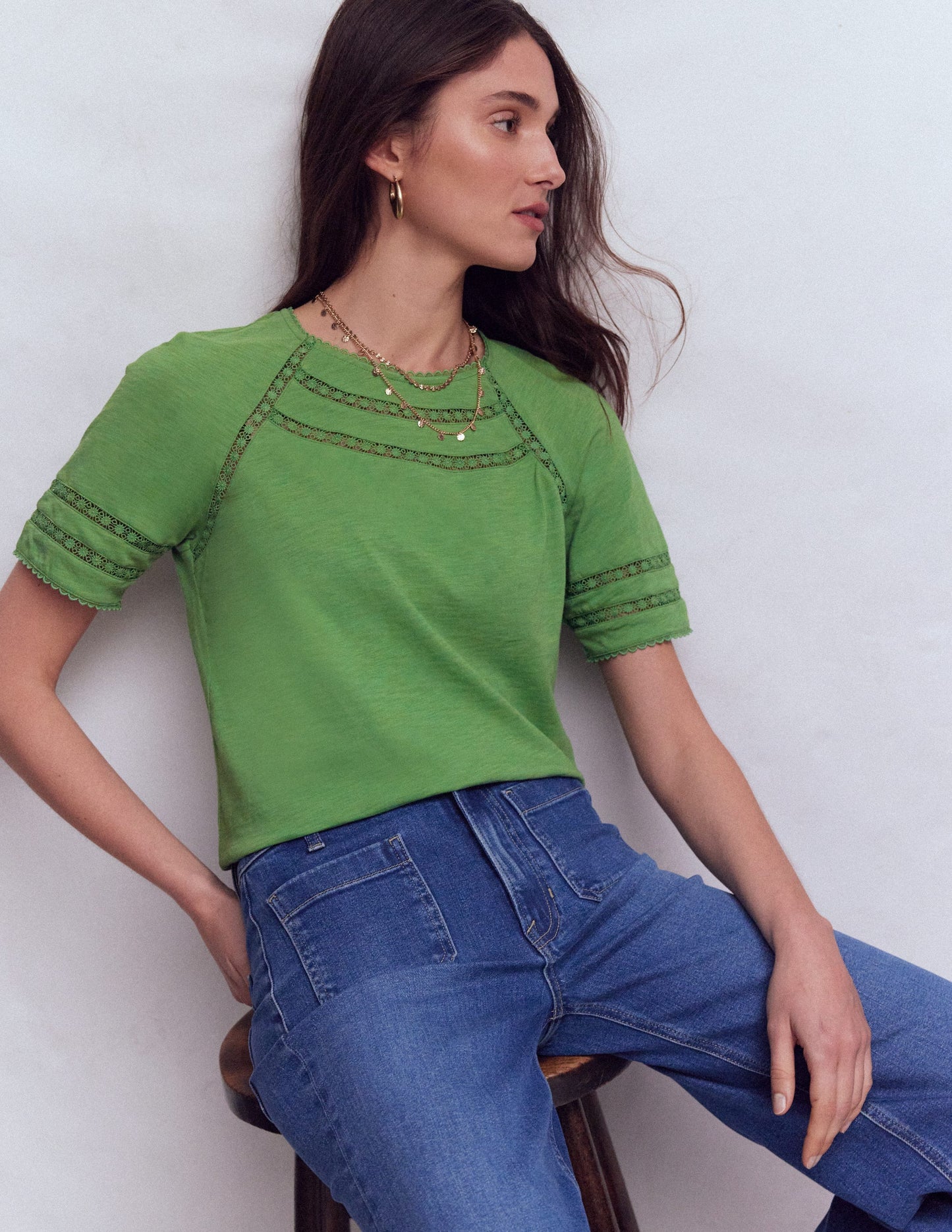 Poppy Trim Crew T-shirt-Stone Green
