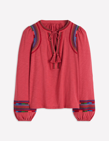 Notch Neck Embroidered Top-Holly Berry-5