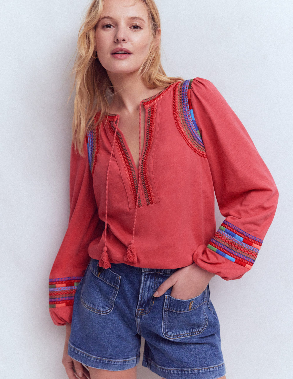 Notch Neck Embroidered Top-Holly Berry - Image 1