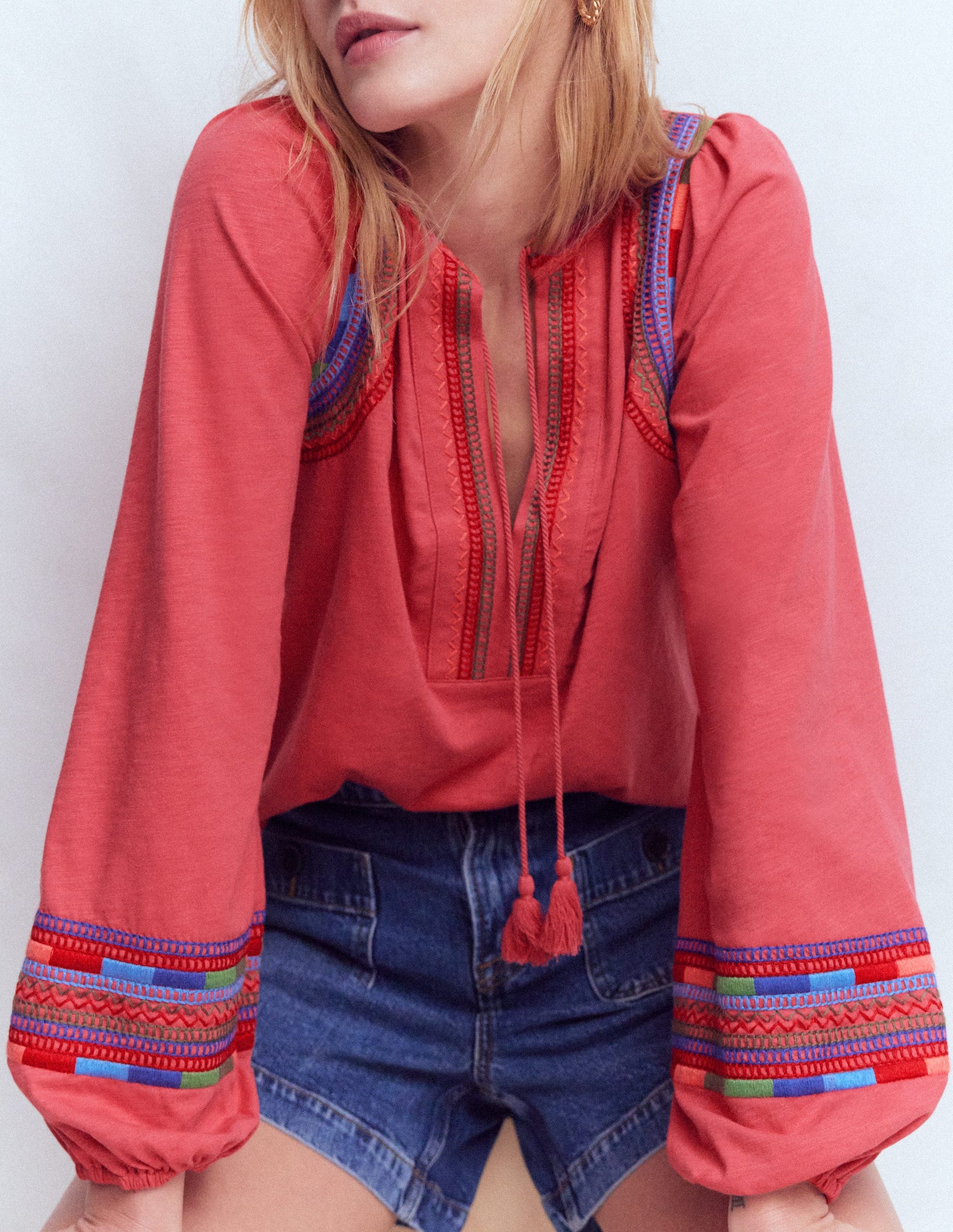 Notch Neck Embroidered Top-Holly Berry-2