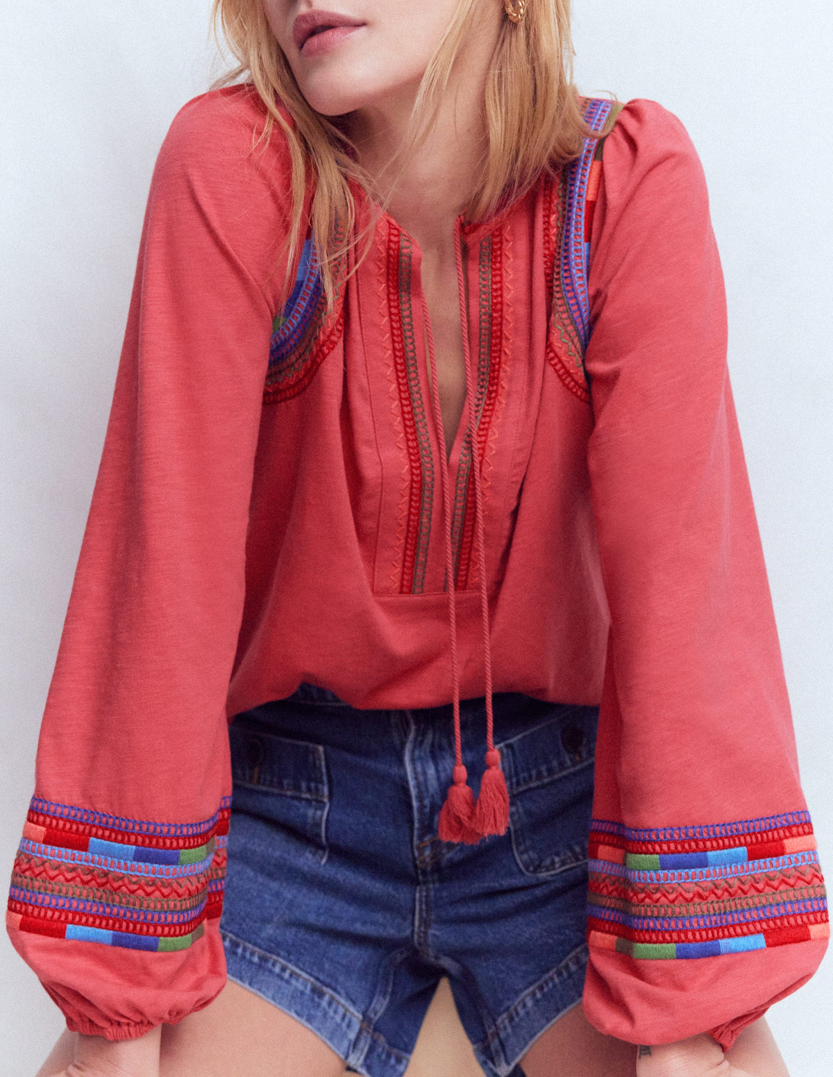 Notch Neck Embroidered Top-Holly Berry - Image 2