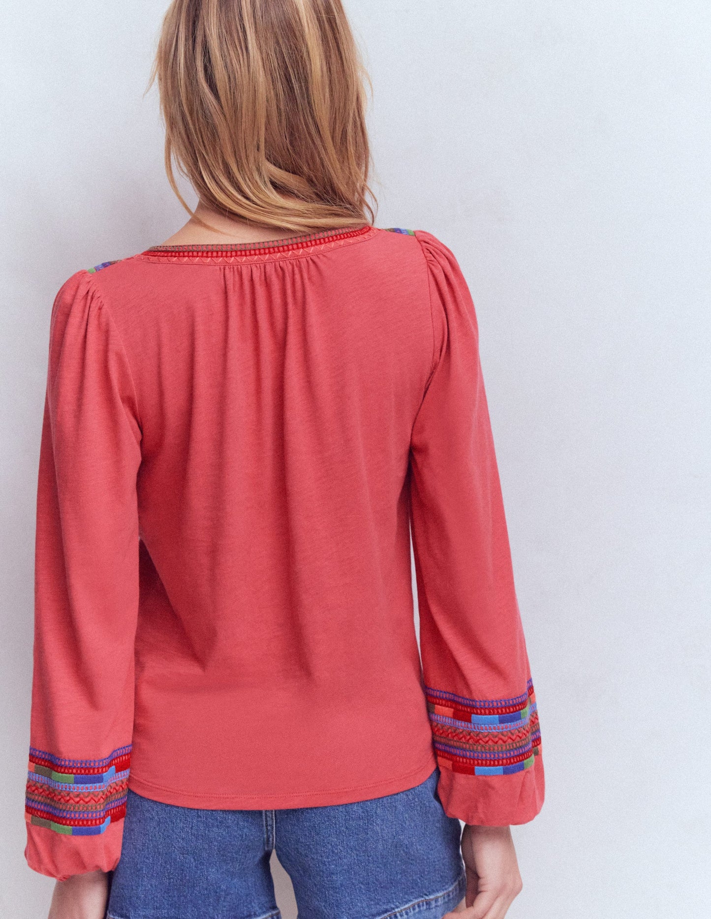 Notch Neck Embroidered Top-Holly Berry