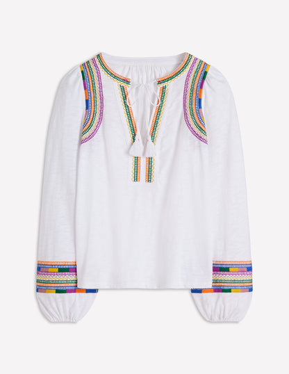 Notch Neck Embroidered Top-White Multi Embroidery-5