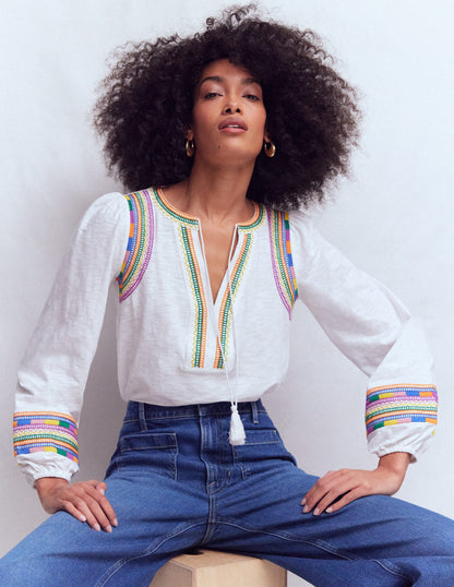 Notch Neck Embroidered Top-White Multi Embroidery-1