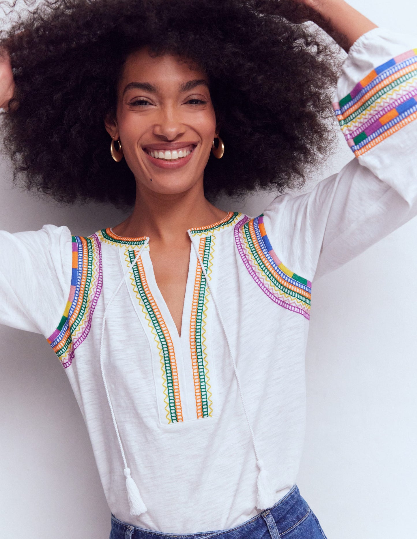 Notch Neck Embroidered Top-White Multi Embroidery
