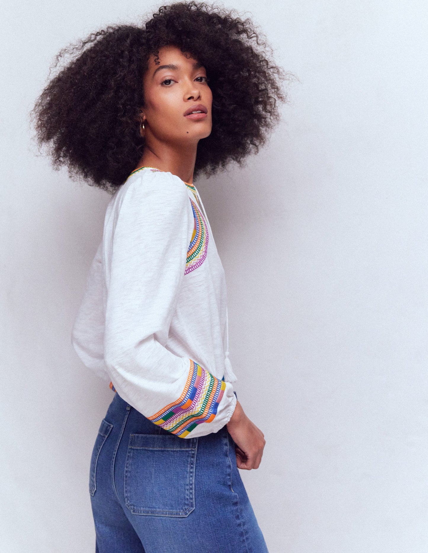 Notch Neck Embroidered Top-White Multi Embroidery