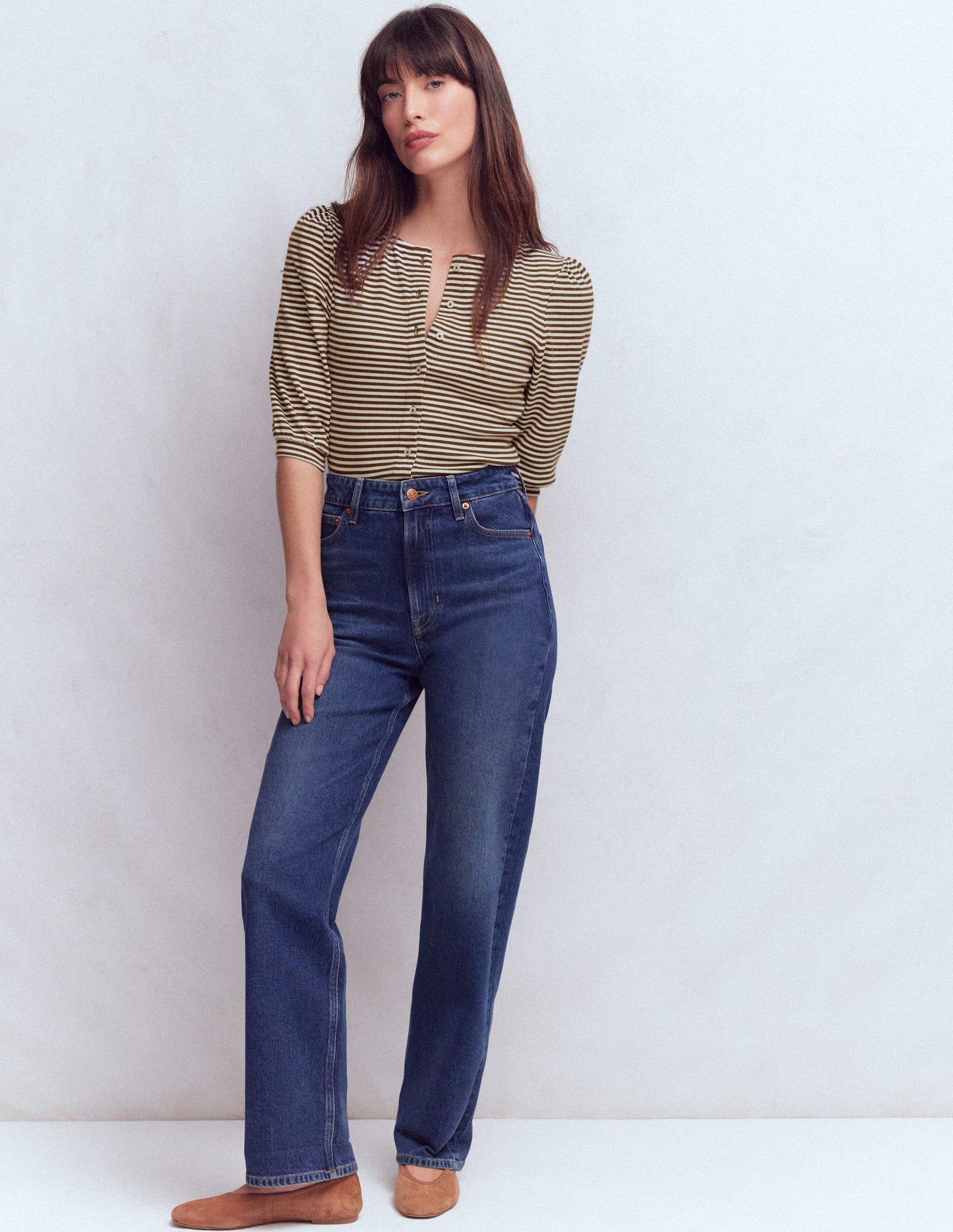 Evie Ribbed Puff Sleeve Top-Potting Soil, Ivory Stripe