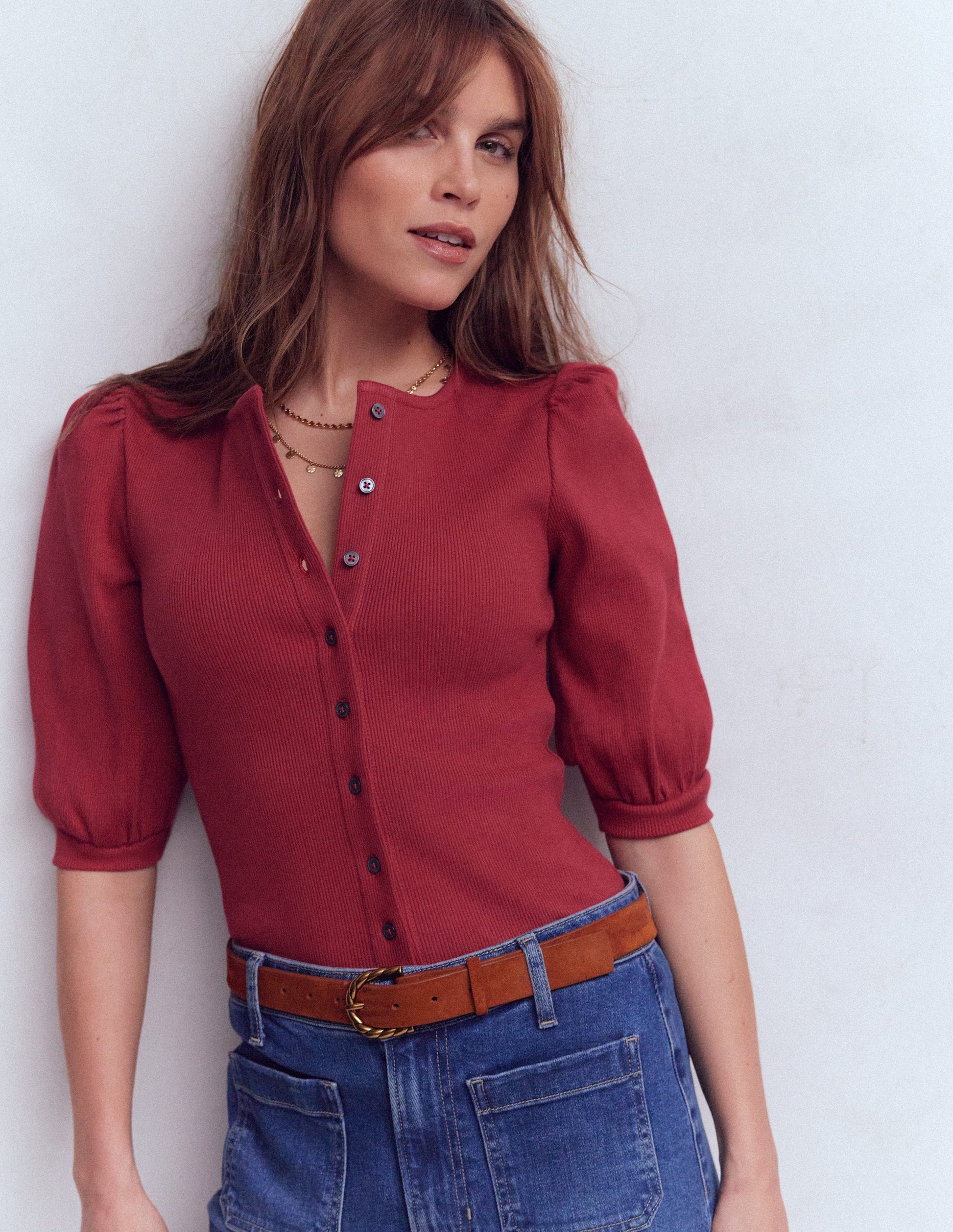 Evie Ribbed Puff Sleeve Top-Terracotta Red-1